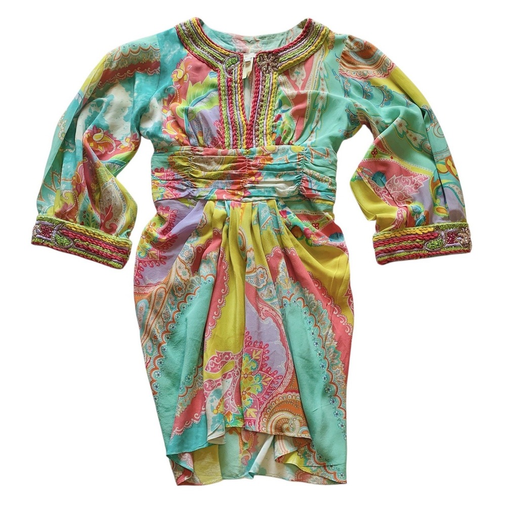 Emamo 100% Silk Paisley Mini Dress Medium Pastel Cruise Resort Cocktail Wedding